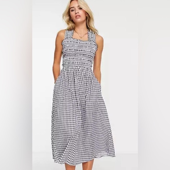 Mango Troya navy smocked gingham sundress criss cross back. Size 10 nwot - Picture 1 of 8